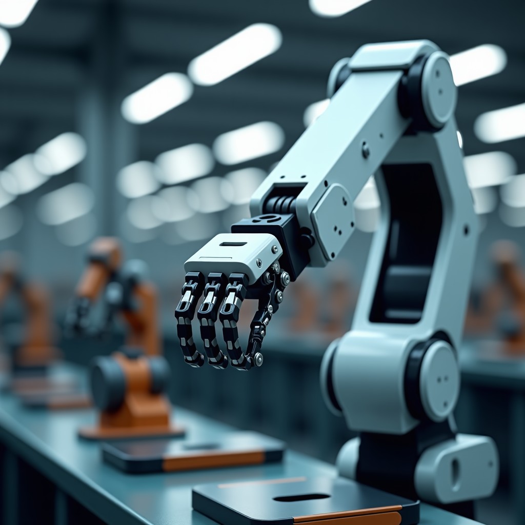 Realistic shot of a robotic arm working in a modern smart factory focusing on the metallic joints and high tech motor housing with natural lighting 4:3