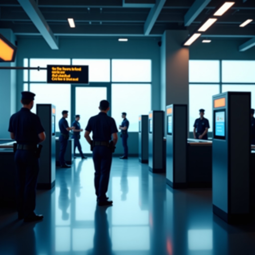 A professional and clean cinematic shot of a modern airport security checkpoint with high-tech scanners and officers in uniform, focusing on the atmosphere of a high-security environment, realistic lighting, 4:3