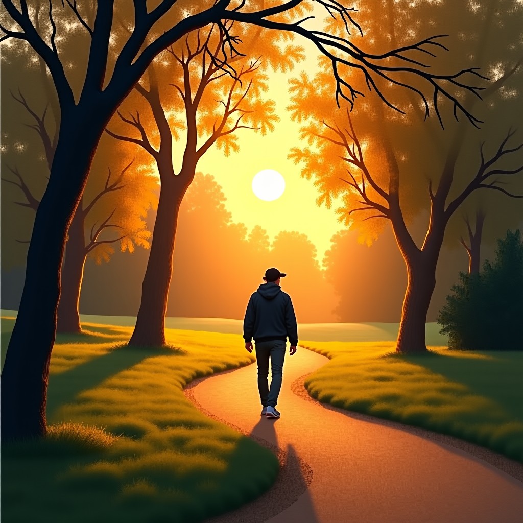 A person walking alone in a beautiful park during sunset, looking contemplative, artistic rendering, textured oil painting style, warm and golden atmosphere, 4:3
