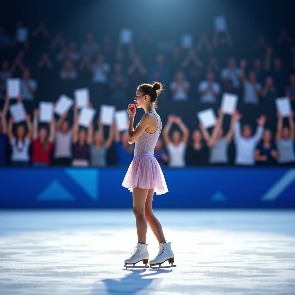 A figure skater standing in the center of the ice rink after finishing a performance. She is catching her breath with a faint smile. The background shows blurred spectators cheering and holding signs. Bright and triumphant atmosphere. 4:3