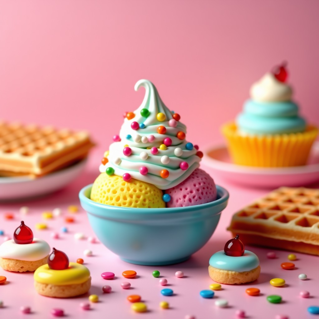 A colorful dessert table with a bowl of multi-colored bead ice cream (dippin dots), freshly baked waffles with cream, and various small cakes. Bright and cheerful atmosphere, 4:3