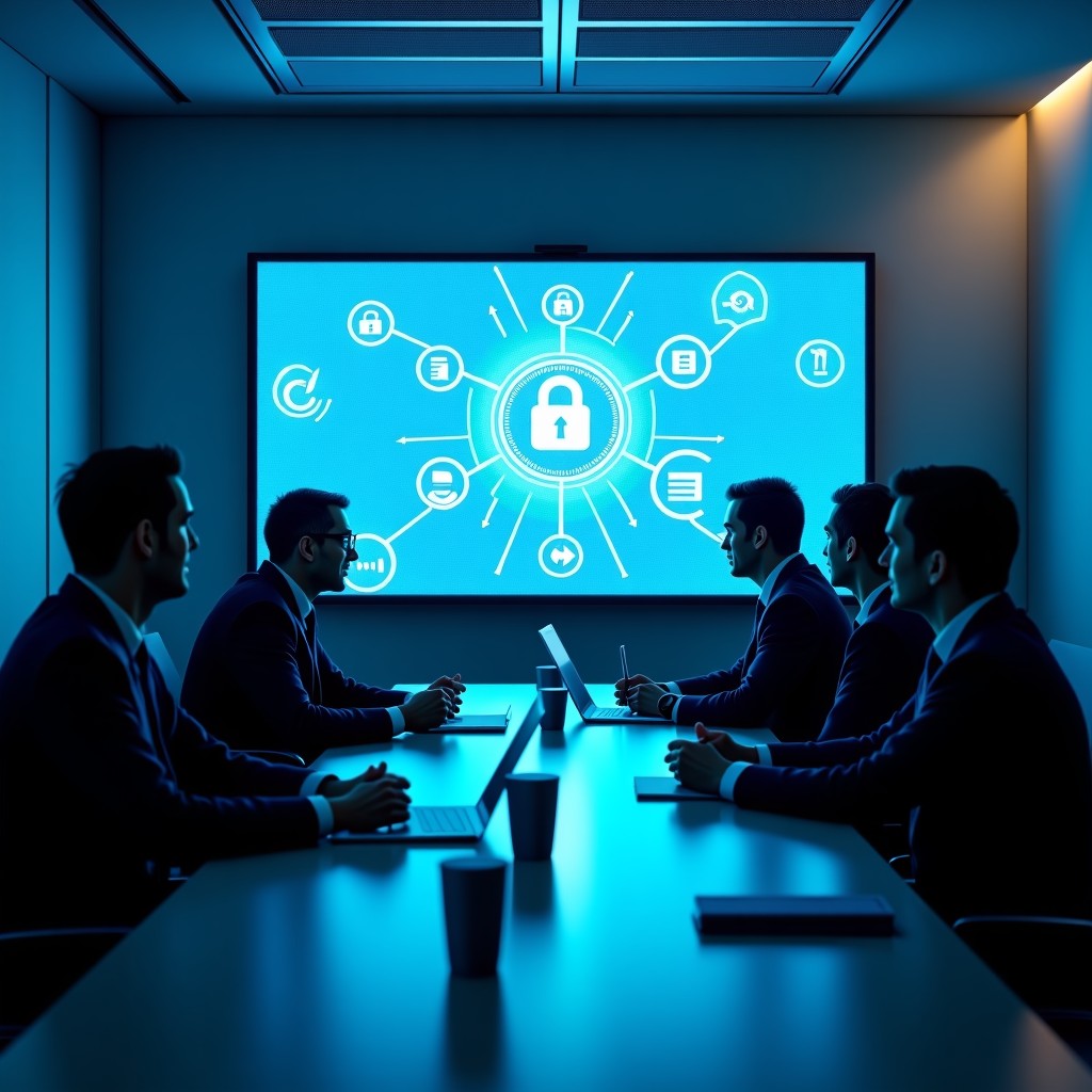 A modern boardroom setting with a diverse group of tech executives and military officials in discussion, focus on a digital screen displaying encryption symbols, 4:3