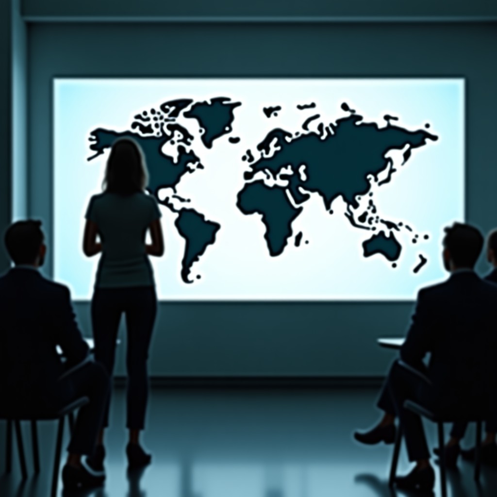 A young woman giving a presentation with confidence in a modern international conference room, world map silhouette in the background, professional setting, cinematic lighting. 4:3