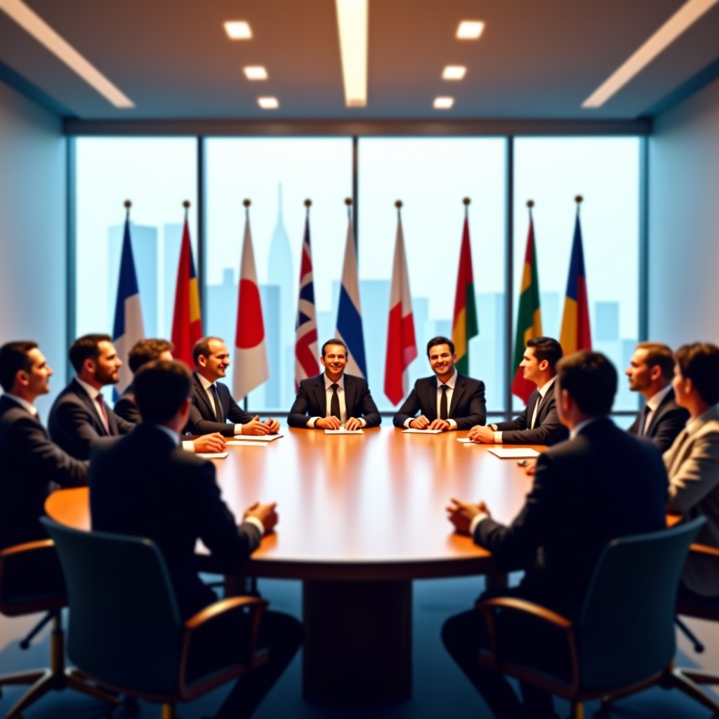 A wide shot of a modern international conference room with diverse people from various ethnic backgrounds sitting at a round table. Professional atmosphere, flags of different nations in the background, bright lighting, realistic style, focus on the collaborative environment. 4:3