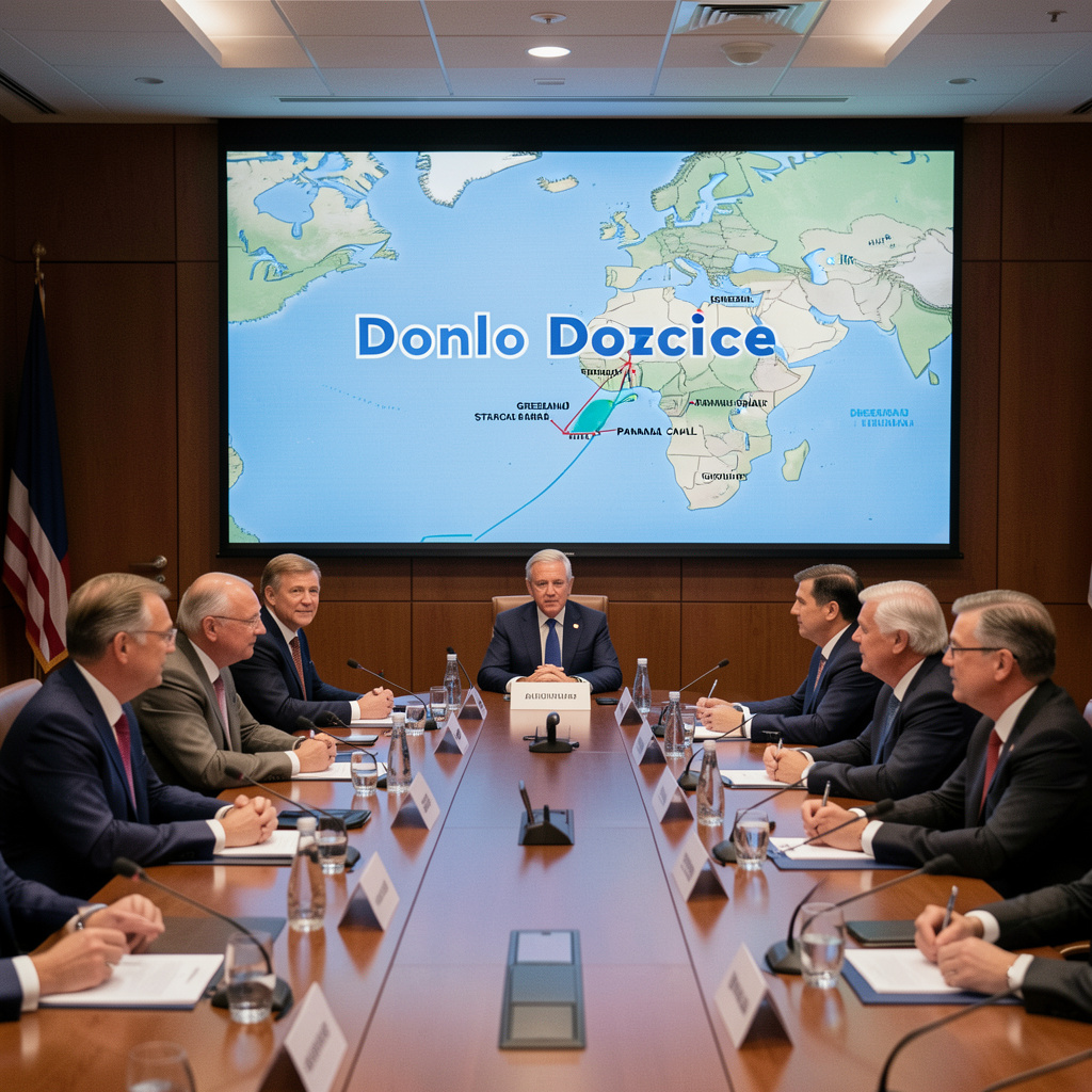 A group of world leaders in a meeting room, with a large screen showing the text 'Donlo Doctrine' and a map highlighting strategic locations like Greenland and Panama Canal, 4:3