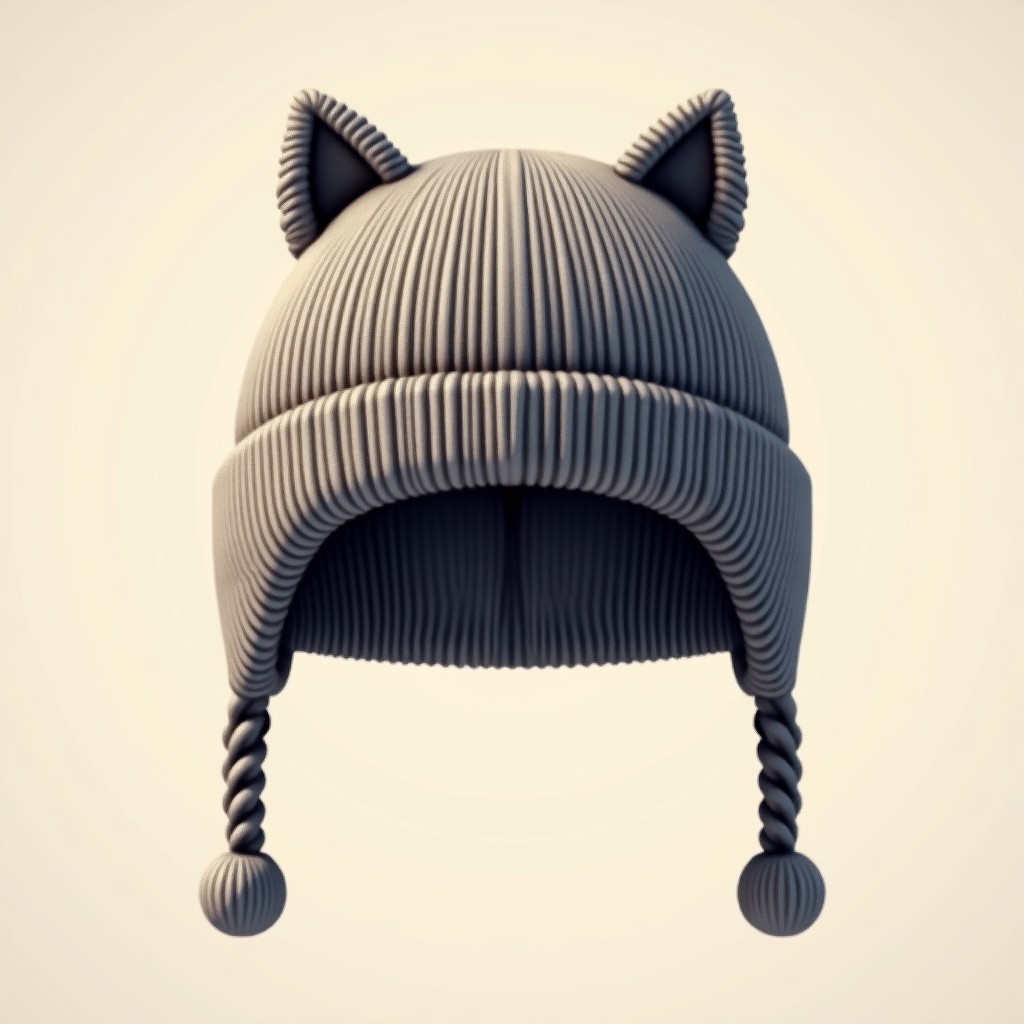 A trendy knitted beanie with small cat ear points and long braided strings on the sides. Minimalist design in a soft fabric texture. Neutral background. 1:1