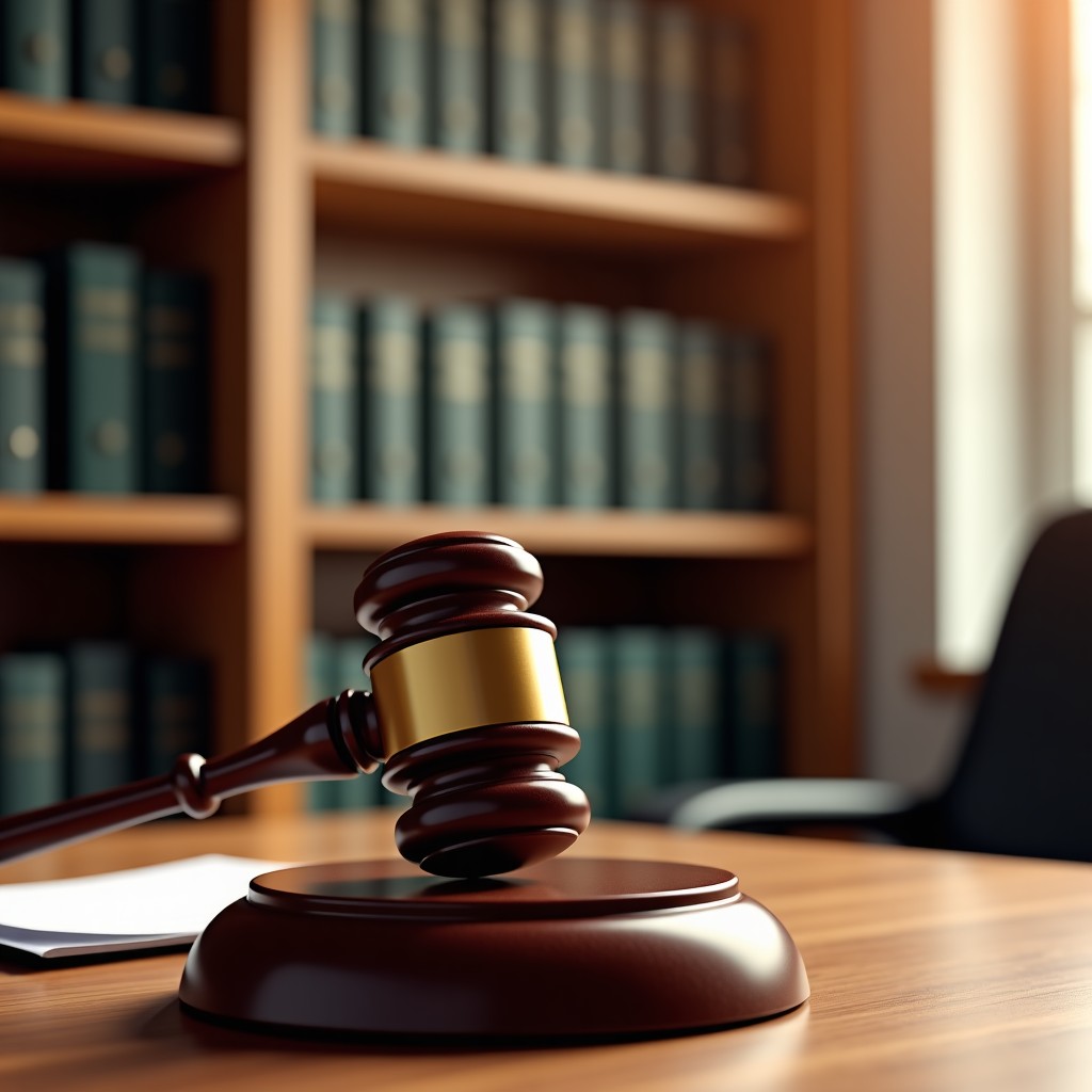 A symbolic representation of a regulatory office with a wooden gavel on a desk, blurred background of a legal library, professional and authoritative atmosphere, 4:3