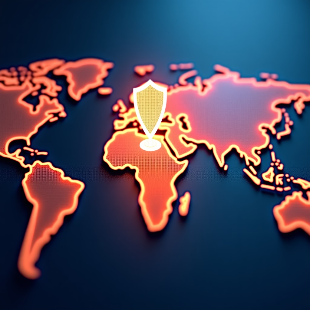 A glowing holographic shield protecting a network of interconnected digital nodes across a world map, futuristic cyber security concept, vibrant orange and blue tones, 4:3