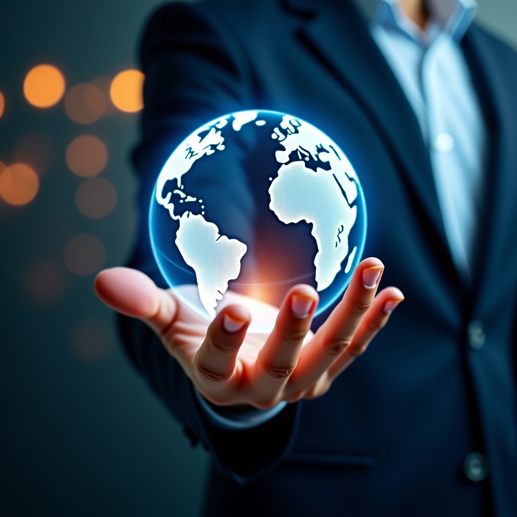 A human hand interacting with a glowing holographic globe made of digital data nodes, soft bokeh background, sophisticated technology theme, 4:3