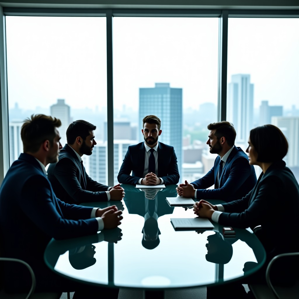 A group of diverse professional business leaders having a serious discussion around a circular glass table, high-tech boardroom, city view through the window, natural lighting, realistic photography style, 4:3