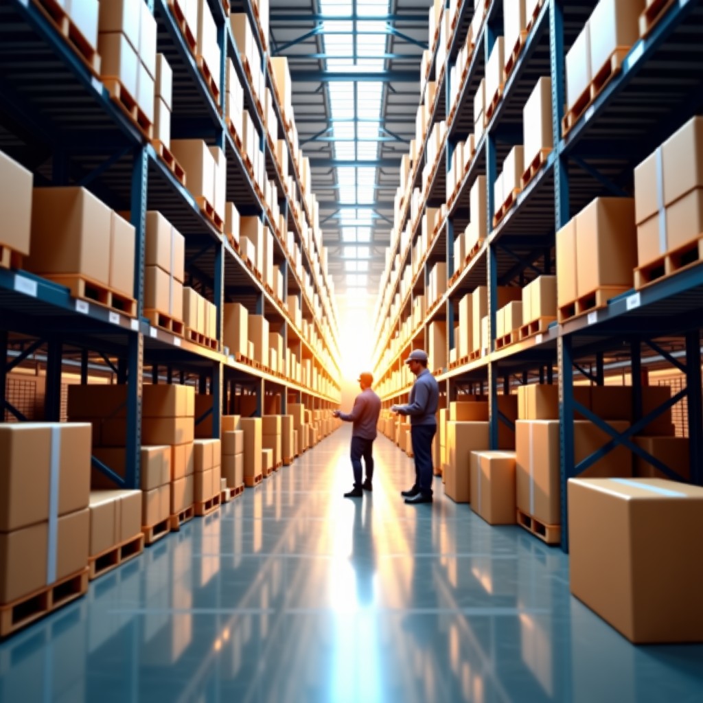 A massive logistics center filled with thousands of shipping parcels, workers handling packages for international delivery, fast fashion supply chain concept, bright studio lighting, 4:3