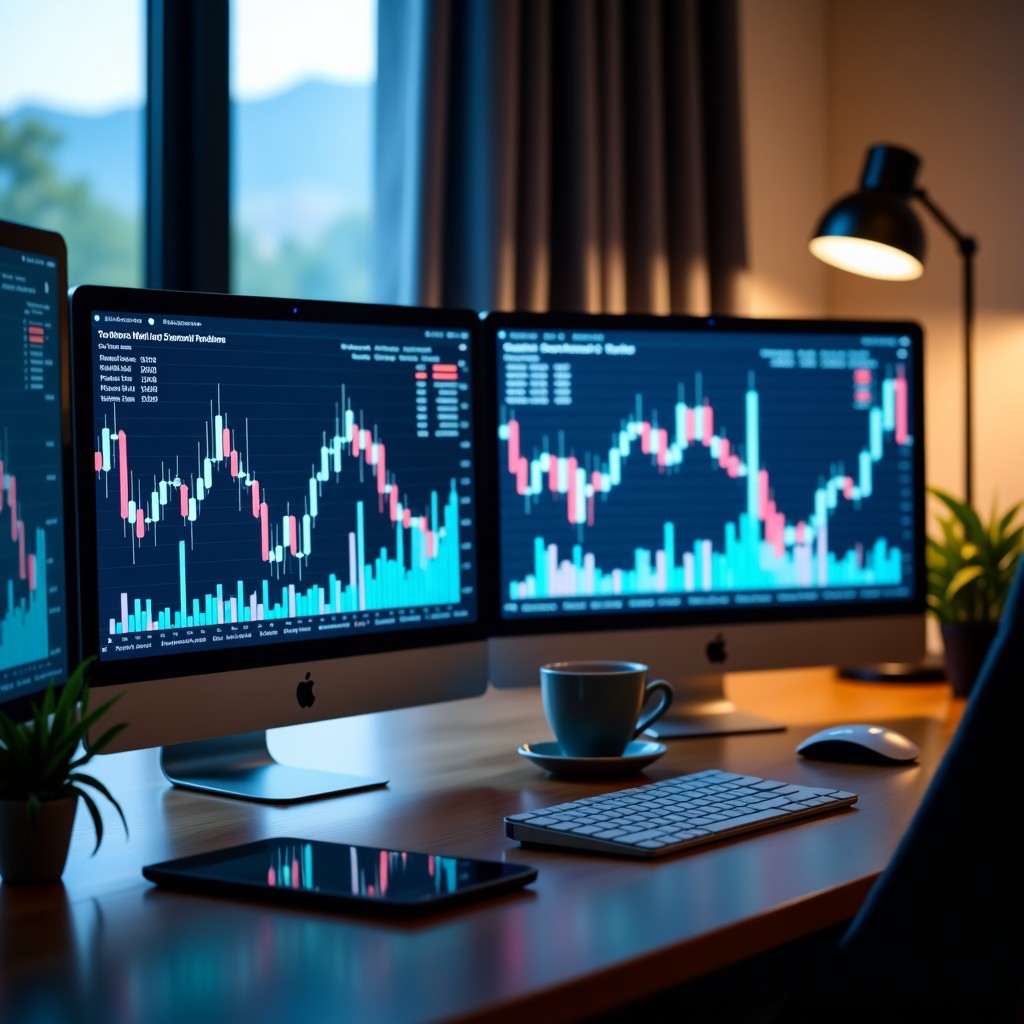 A professional modern financial office with multiple computer monitors displaying stock market candlesticks and complex data visualizations. A clean and organized desk with a digital tablet and a cup of coffee. High-end professional atmosphere with soft ambient lighting. 4:3