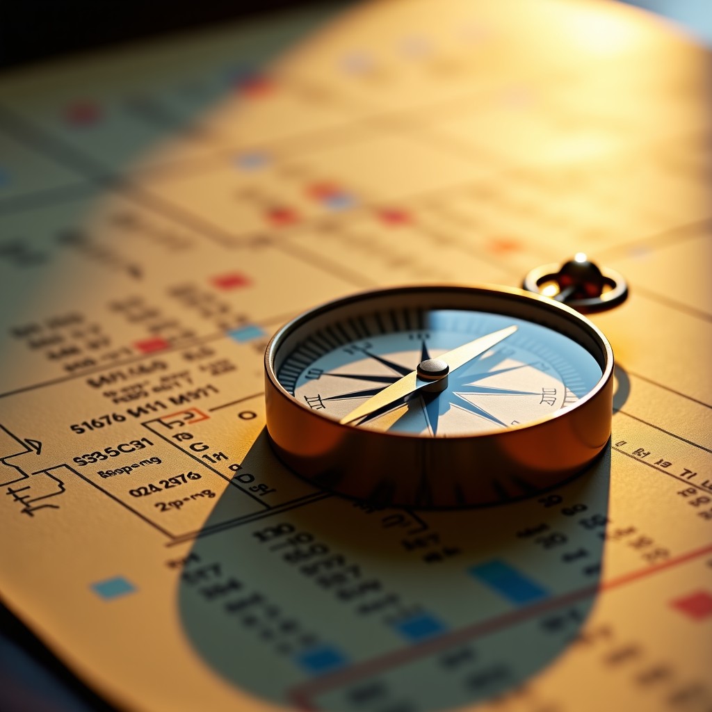 A classic compass placed on top of a financial map with various stock market indices and charts printed on it. Warm golden hour lighting creating a sense of direction and strategy. High detail and textured paper feel. 4:3