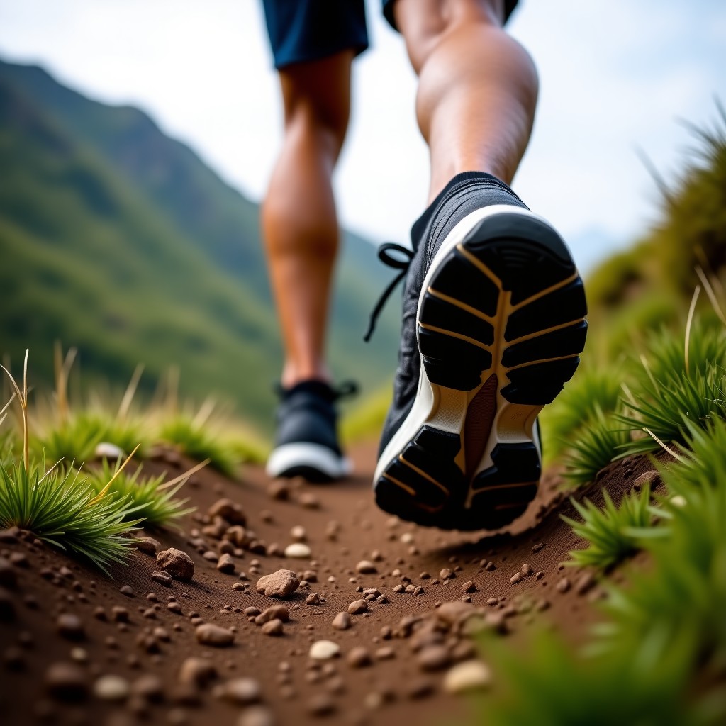 Close up of trail running shoes stepping on a steep grassy mountain slope, intense action shot, low angle, focus on the texture of grass and soil, professional photography, 4:3