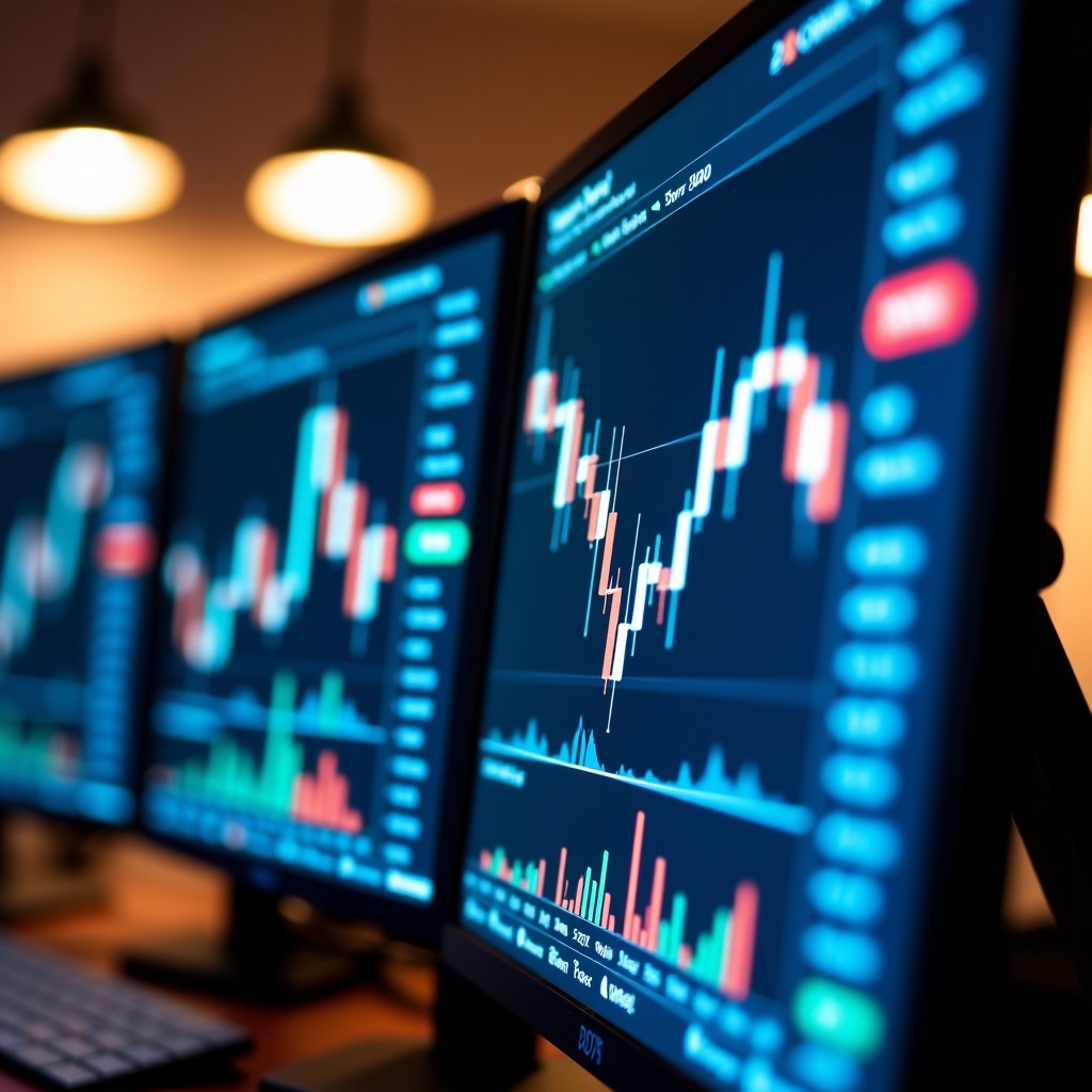A close up of a professional stock trading workstation with multiple monitors displaying complex candlestick charts and financial data. Warm indoor lighting, modern office setting, 4:3 ratio.