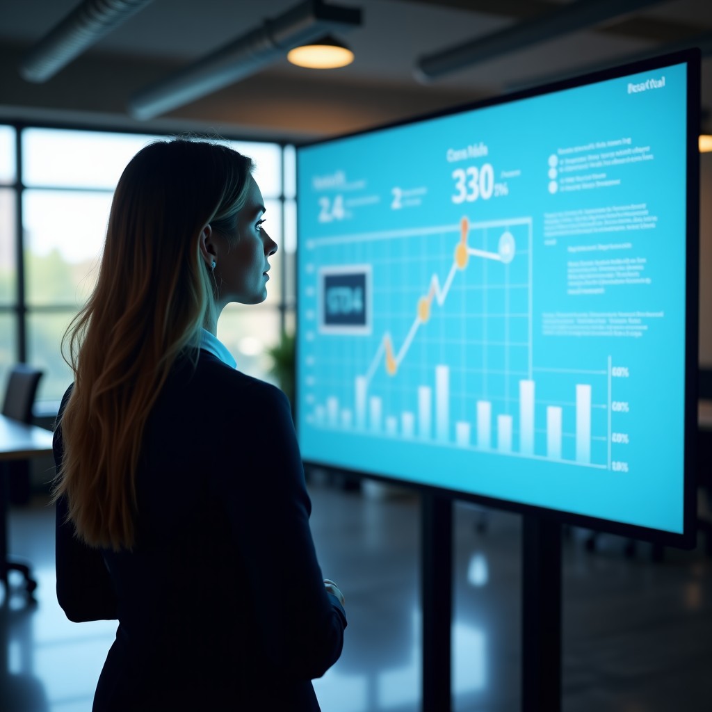 A professional woman in a modern office looking thoughtfully at a large digital screen with data analysis graphics about social media usage, realistic lighting, 4:3