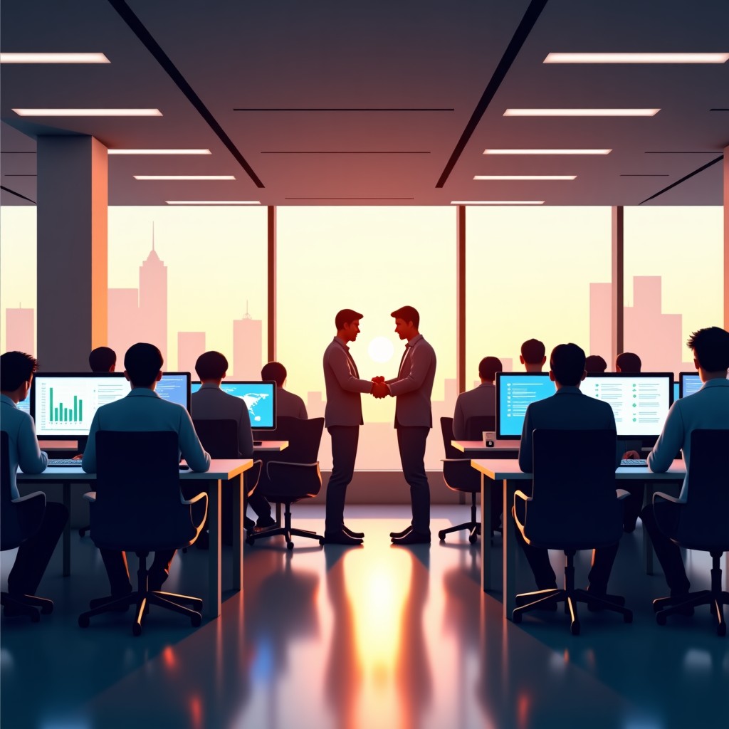 A professional office setting representing a tech company headquarters. A diverse team of engineers in a bright and modern workspace looking at large monitors with charts and code. Warm and natural lighting. 4:3