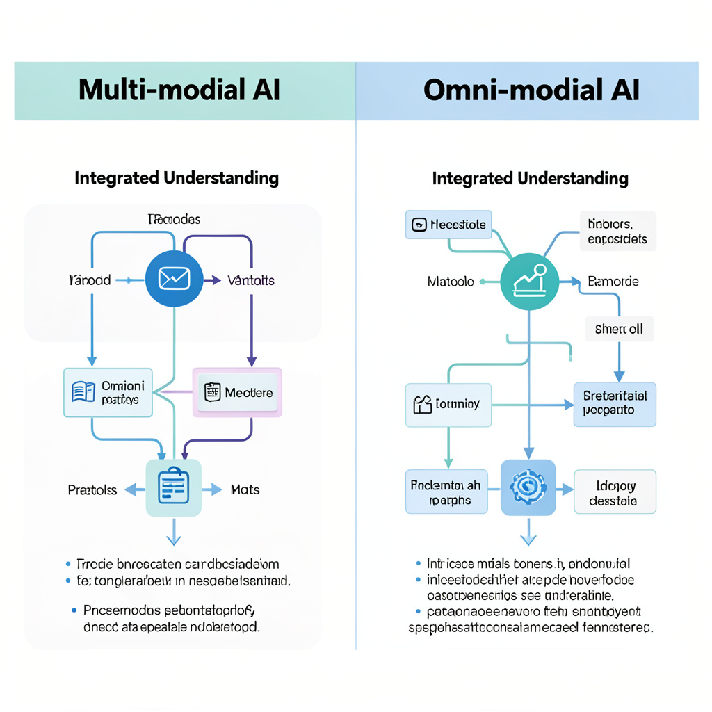 An informative side-by-side comparison between Multi-modal and Omni-modal AI, showing separate processing paths versus integrated understanding. The image uses a clean and modern infographic style with a 4:3 aspect ratio.