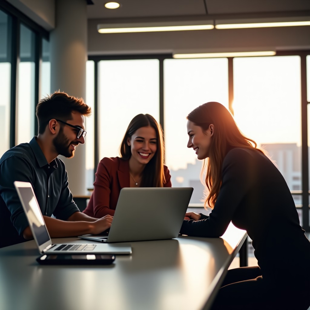 Young entrepreneurs and tech professionals collaborating in a modern open-plan office, laptop screens visible, bright and energetic atmosphere, realistic photography style, 4:3