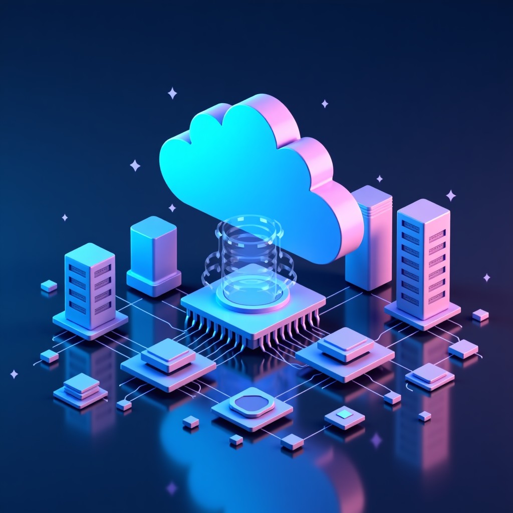 Conceptual image of modern technology symbols like microchips, cloud computing icons, and server racks, representing growth companies in Nasdaq, soft blue and purple lighting. 4:3