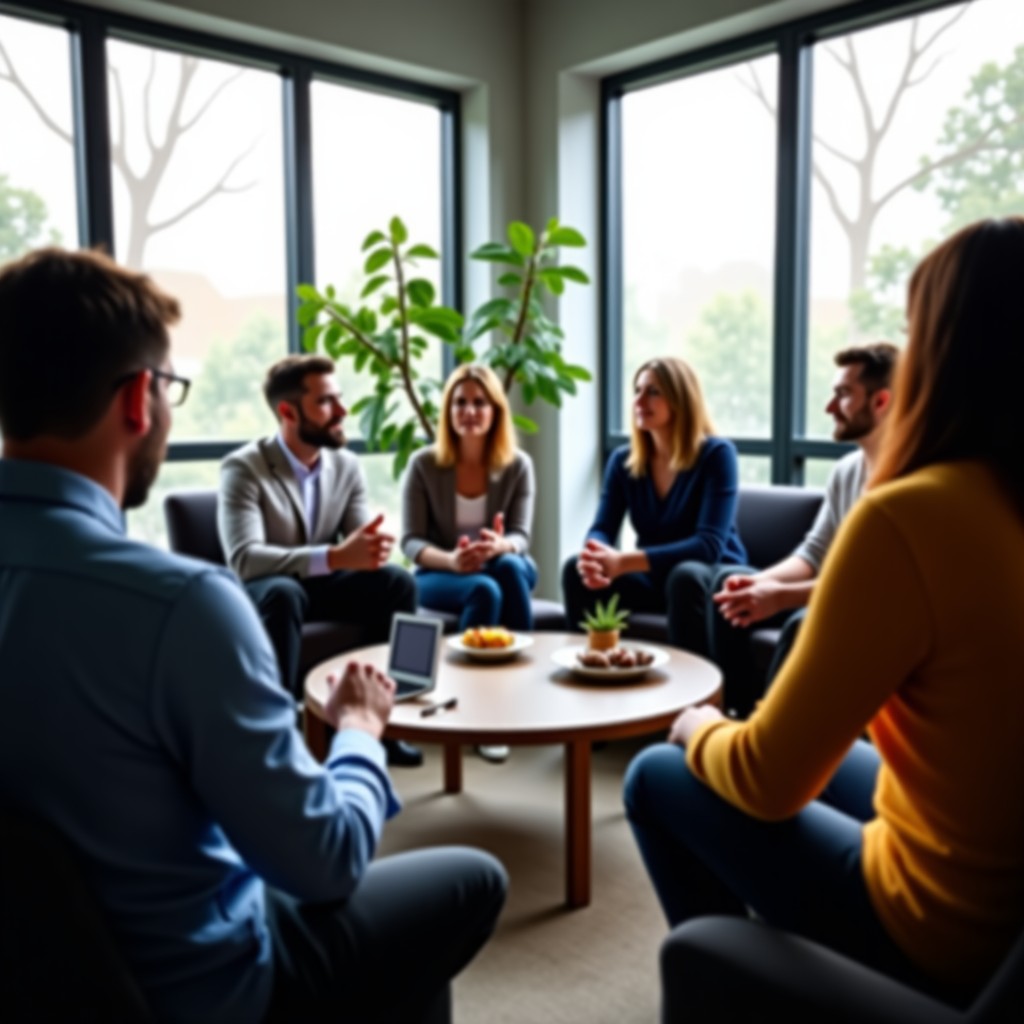 A diverse group of people sitting in a modern lounge area having a serious discussion about ethics and technology. Soft daylight through large windows. Realistic lifestyle photography. 1:1