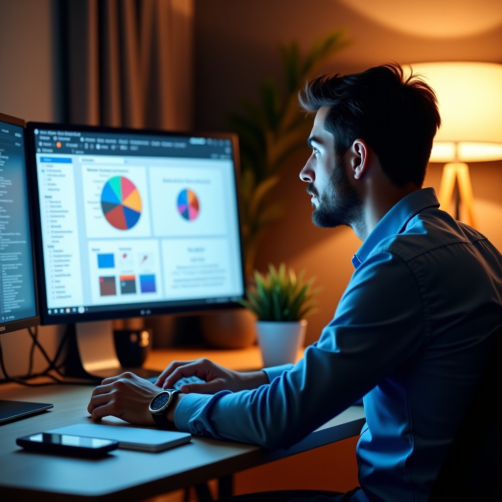 A creative professional sitting in a modern studio, looking at digital screens with complex 3D models and legal documents, thoughtful expression, warm lighting, 4:3
