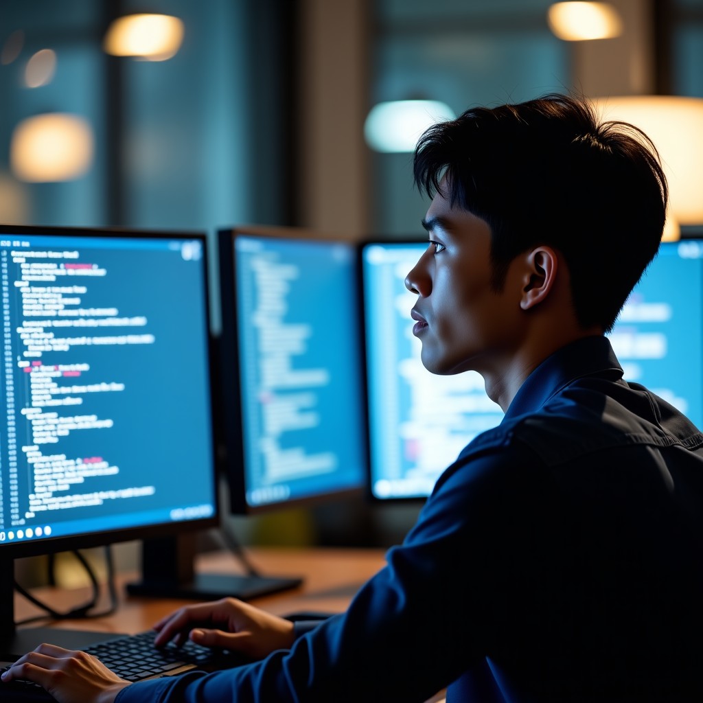 A professional South Korean software engineer sitting in front of multiple monitors in a modern office, looking thoughtful and serious. The screens show complex code and ethical symbols. Natural lighting, realistic photography, close-up shot focusing on the expression of responsibility. 4:3