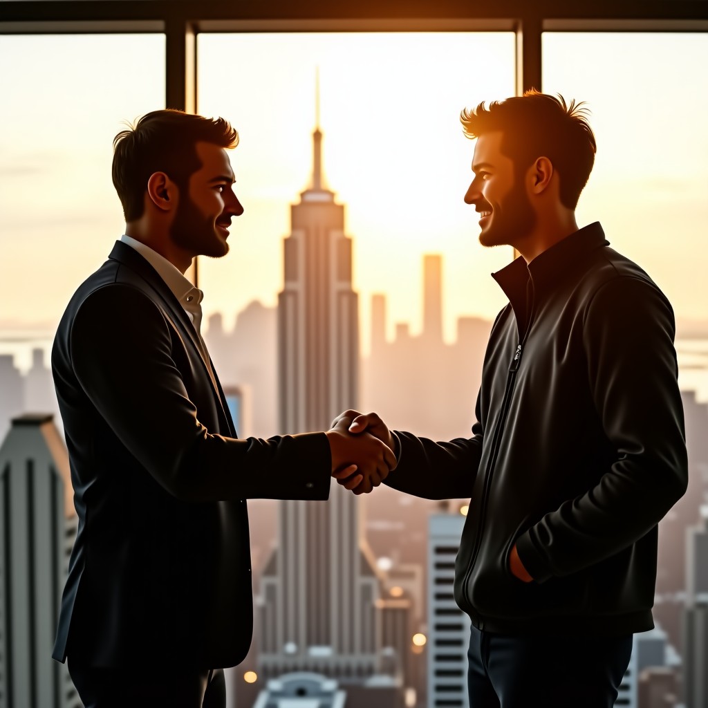 Two people in professional business attire shaking hands firmly in front of a window overlooking a cityscape. One person wears a suit, and the other wears a high-quality athletic training jacket. Warm afternoon sunlight, realistic photography, 4:3.