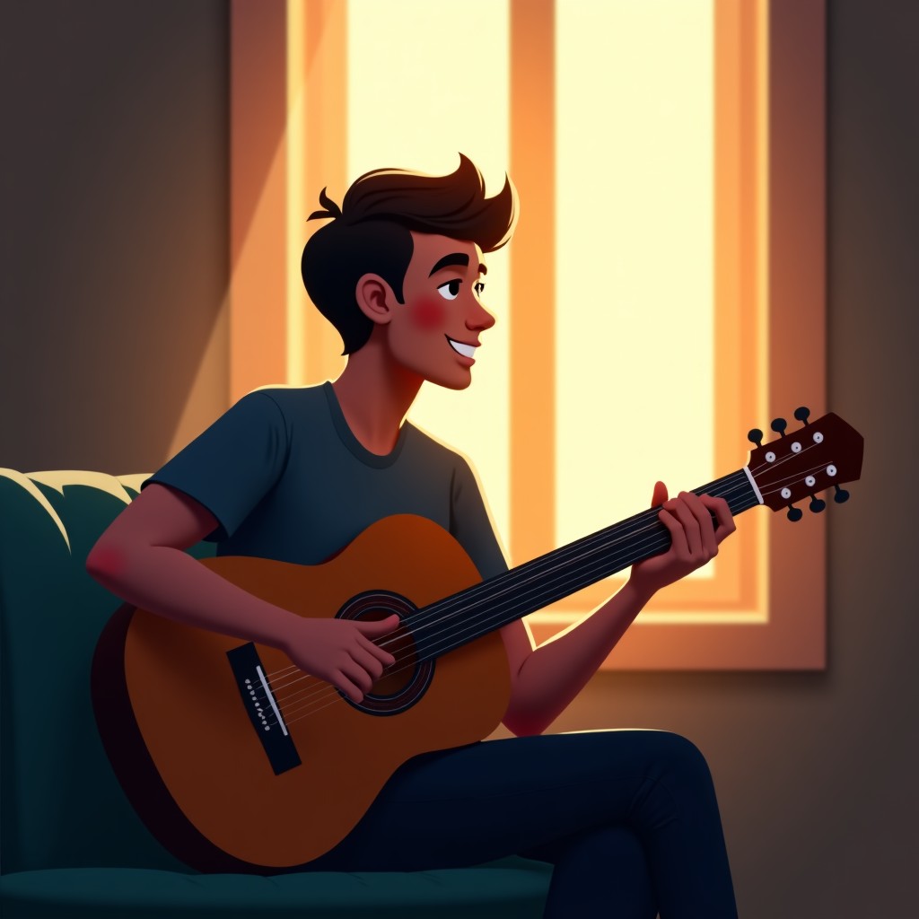 A person looking happy and satisfied after finished playing guitar, holding the instrument comfortably. Soft evening sunlight coming through a window, emotional and warm atmosphere. No text. 1:1
