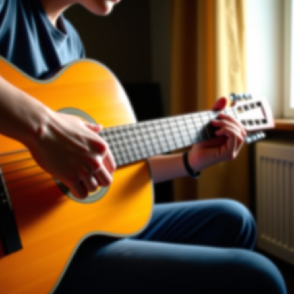 A close-up shot of a person playing an acoustic guitar in a cozy, sunlit room. The focus is on the fingers pressing the strings on the fretboard. Warm lighting, lifestyle photography, natural and calm atmosphere. No text. 4:3