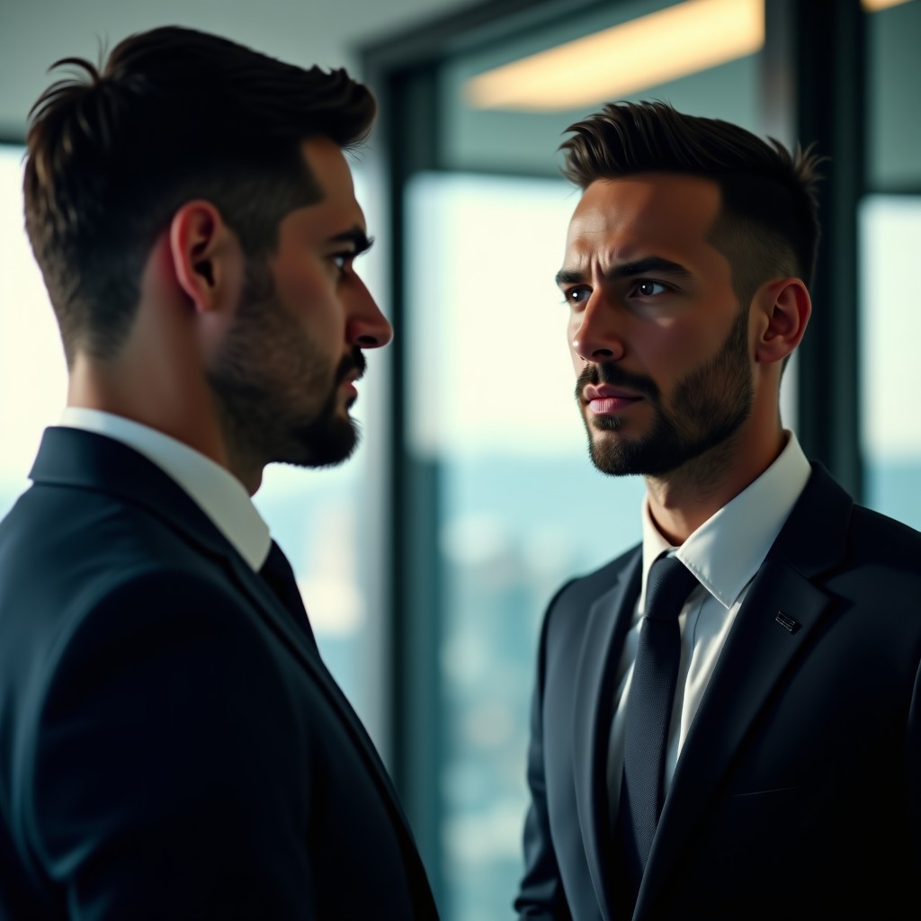 Close-up of two people having an intense conversation in a modern office, cinematic lighting, sharp focus on expressions, professional attire, 4:3