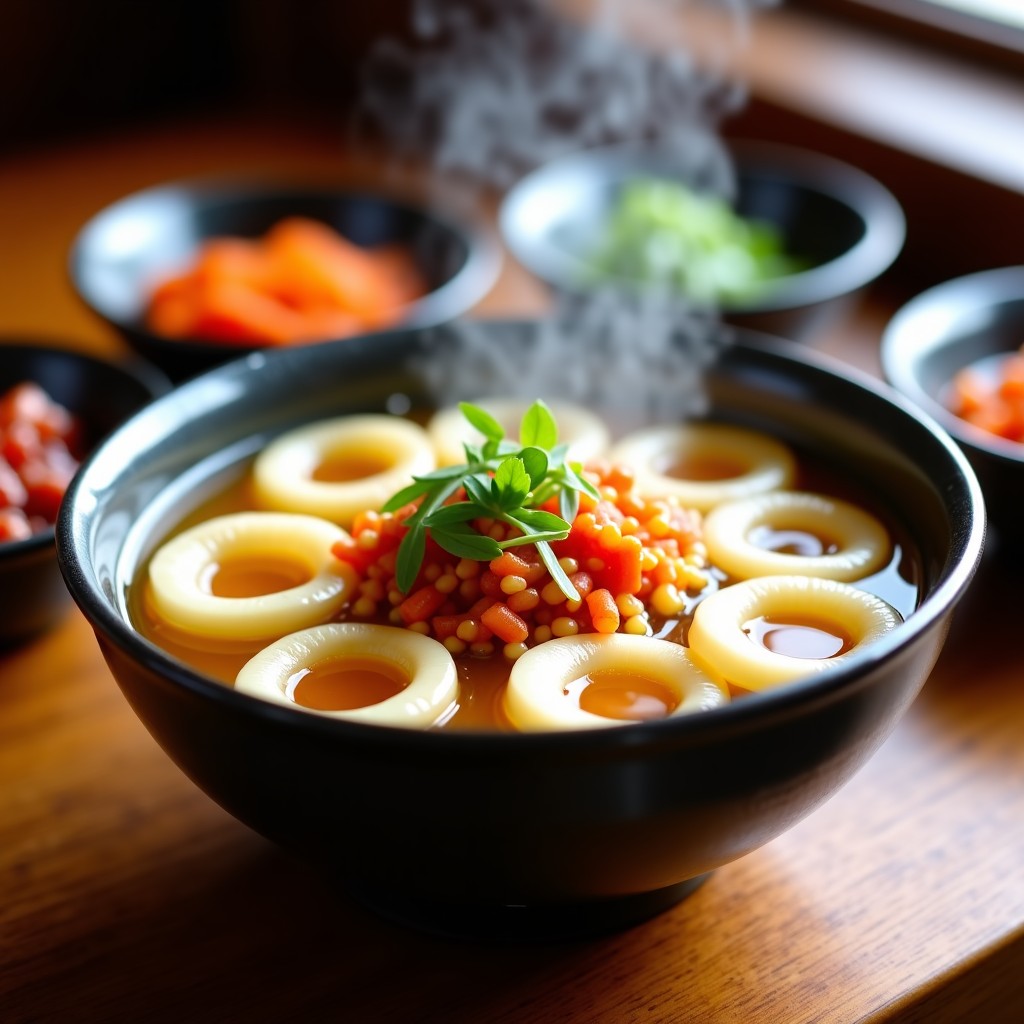 A steaming bowl of Tteokguk, traditional Korean rice cake soup, beautifully garnished with colorful toppings, placed on a wooden table with side dishes, warm indoor lighting, realistic food photography, 4:3 aspect ratio.
