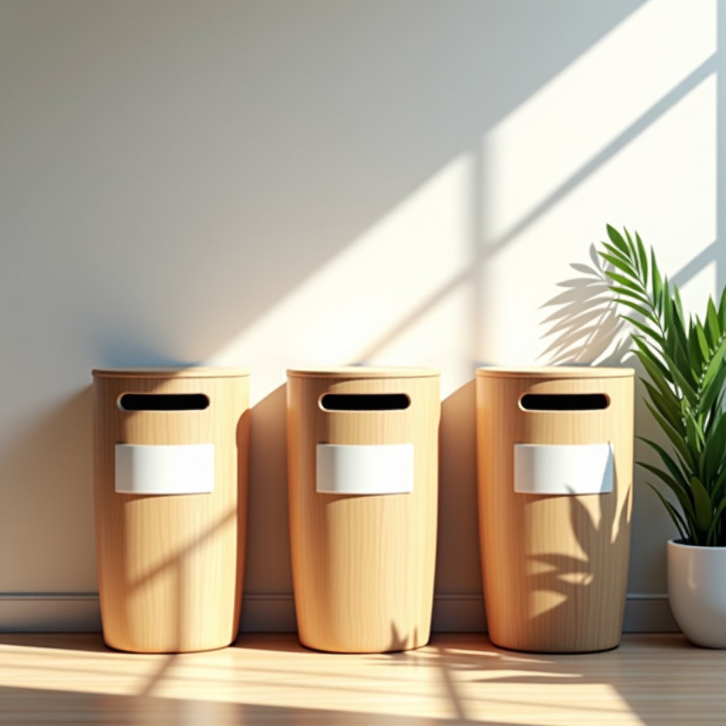 A minimalist and clean home recycling station with labeled wooden bins for paper, glass, and plastic, natural sunlight, 4:3