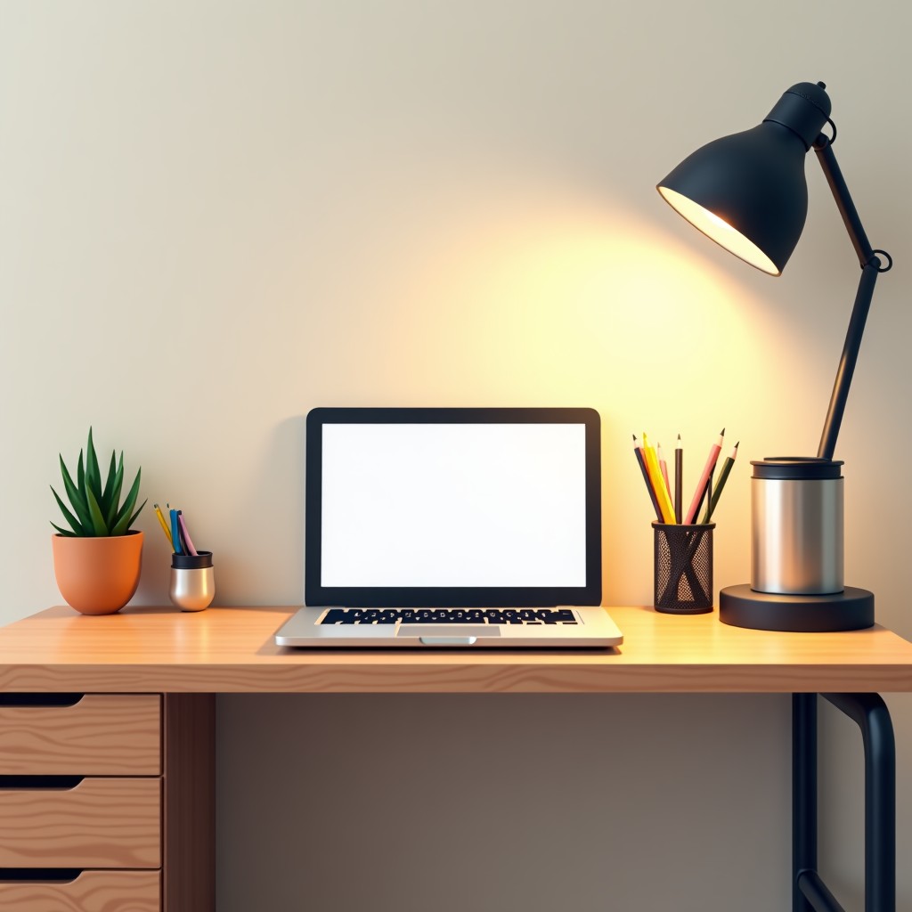 A well-organized dormitory desk with a laptop, a small desk lamp, a stationery organizer, and a personal tumbler. Simple and modern aesthetic, natural wood texture desk. 4:3