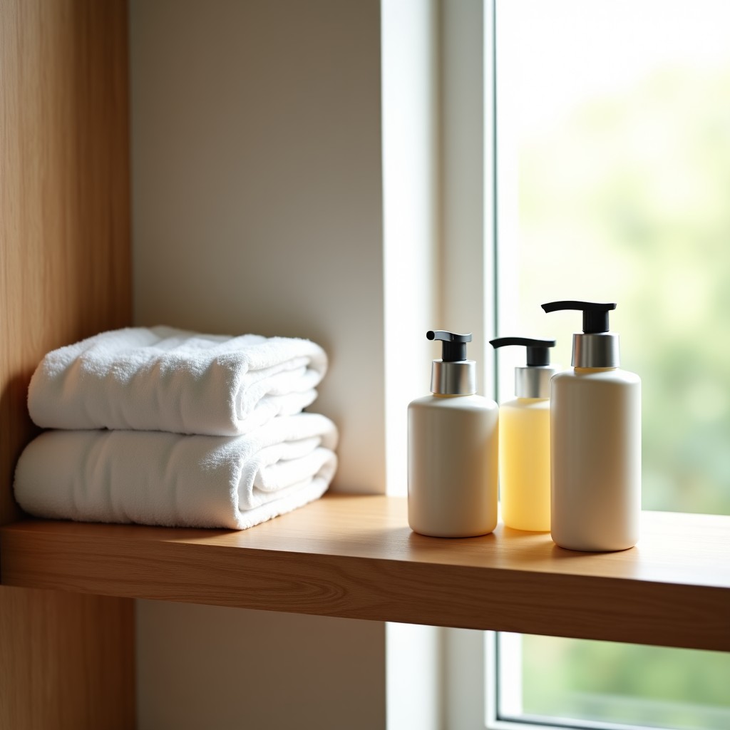 A clean and modern wooden shelf with neatly folded white towels and a set of travel-sized toiletries, soft natural light from a window, peaceful spa environment, 4:3