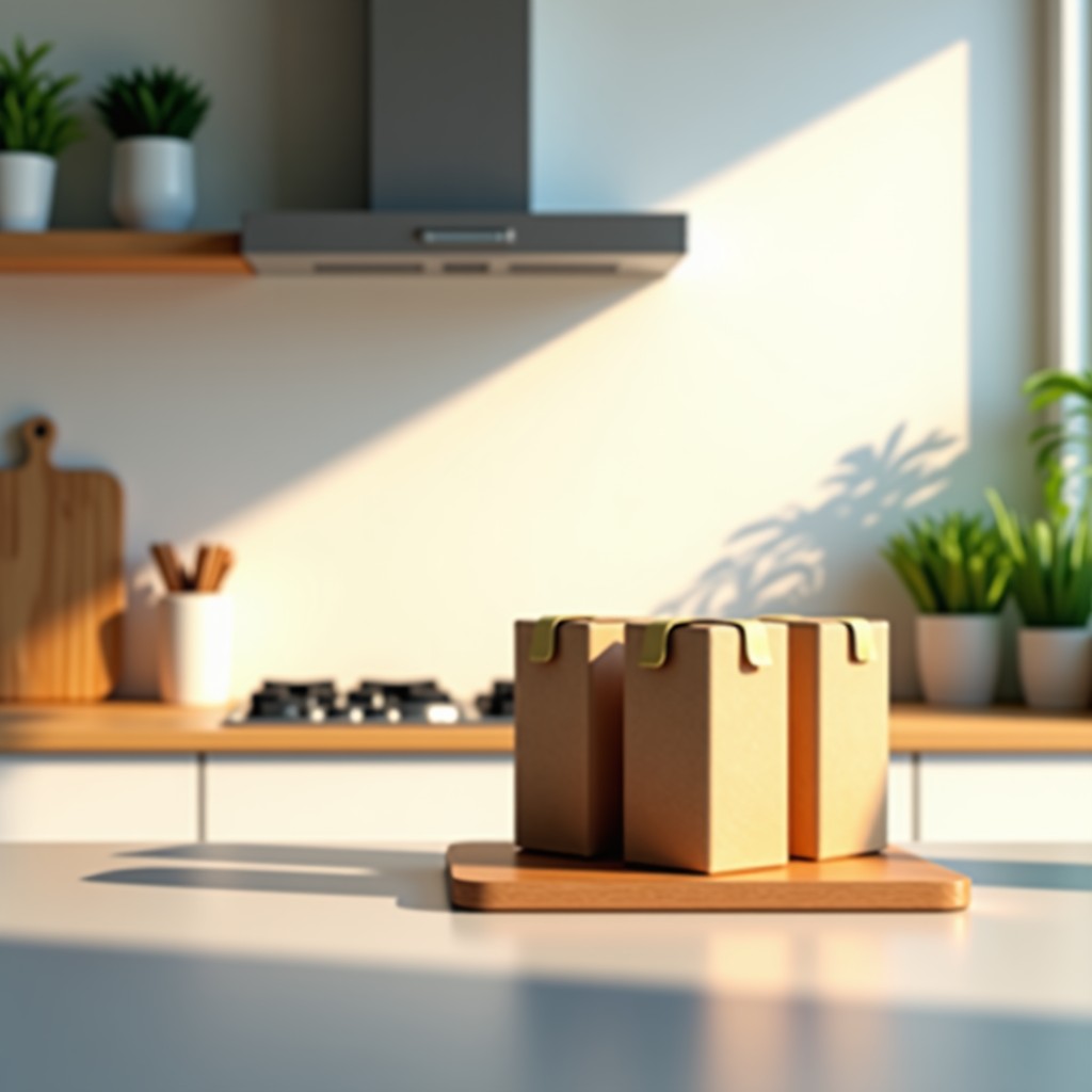 A clean and modern kitchen interior with some meal kit packages on the counter. Bright morning light, minimalist aesthetic, lifestyle photography, high quality. 4:3