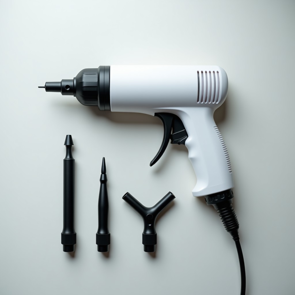 A top down view of a portable air gun with five different nozzle attachments arranged neatly on a clean desk, organized workspace, soft studio lighting, high quality, 4:3