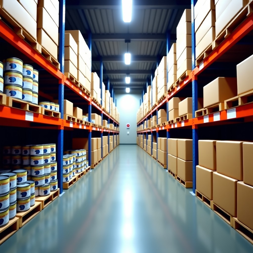 Interior of a Costco warehouse showing organized shelves of canned tuna and instant food products, perspective view of a shopping aisle, bright warehouse lighting, realistic and detailed, 4:3