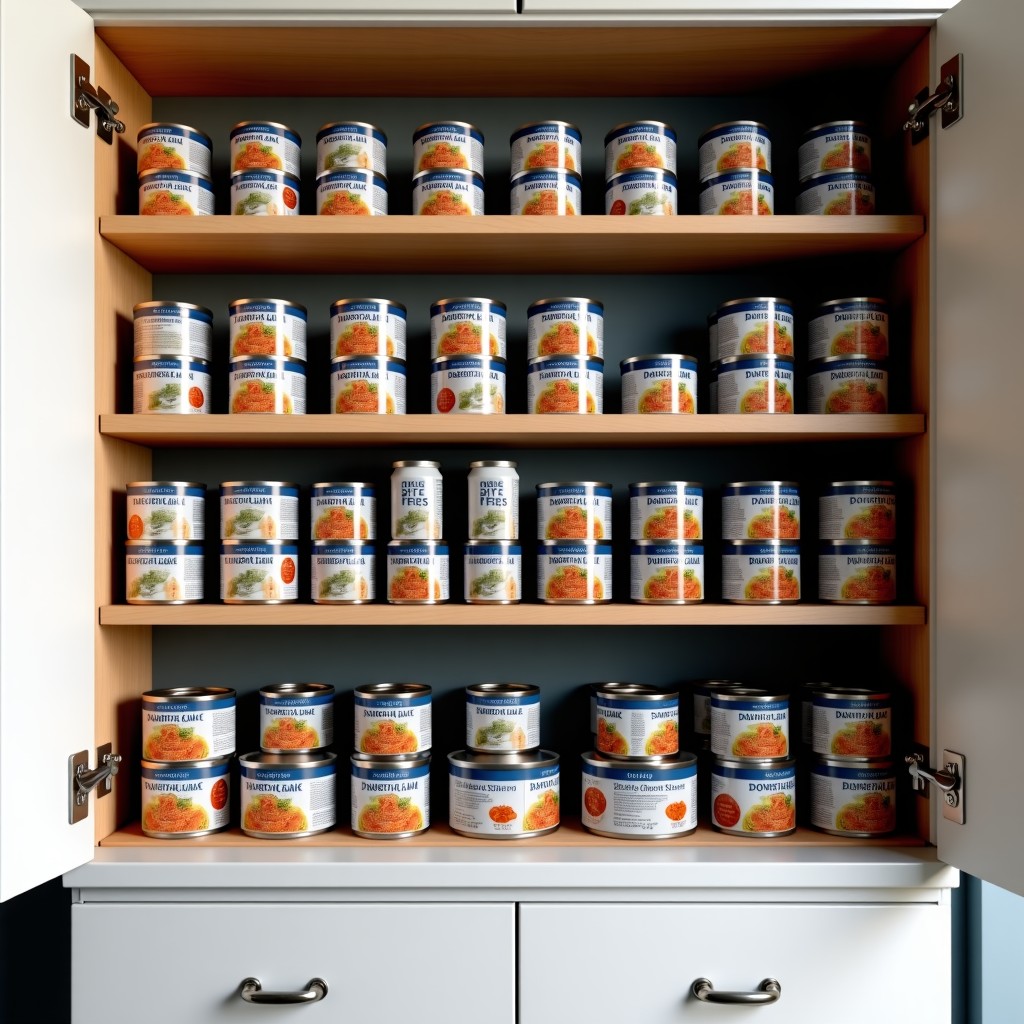 Inside a well-organized modern kitchen pantry. Stacks of canned tuna and various instant meal packages are neatly arranged on wooden shelves. High contrast, clean look, realistic home storage setting. 4:3