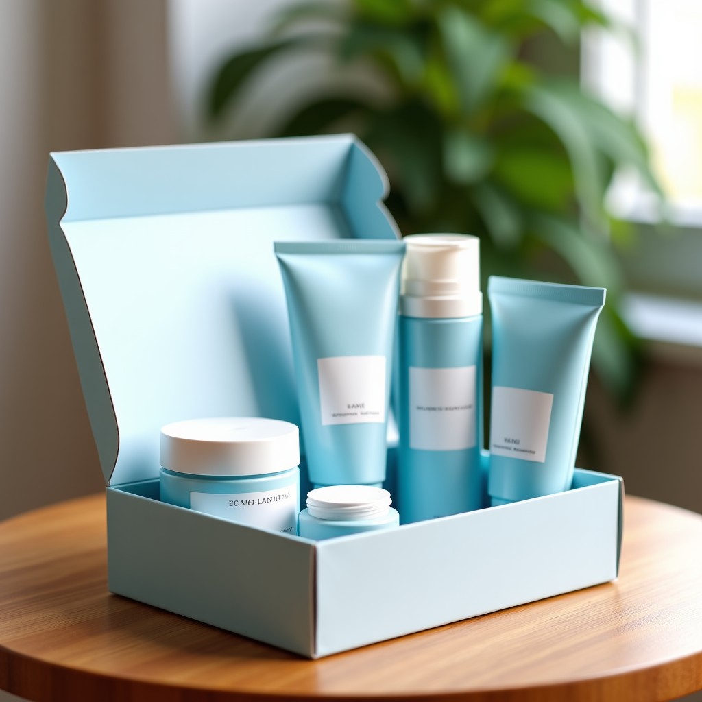A beautifully packaged gift box for pregnant women with a soft blue and white color theme. The box is opened to reveal various skincare samples and a small bag of coffee. The background is a bright, cozy wooden table with natural sunlight. High quality lifestyle photography, 1:1