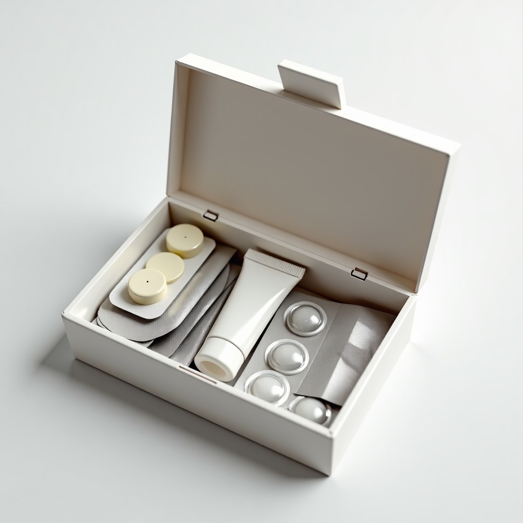 A white first-aid kit box opened to show various medicine blister packs, a tube of ointment, and some bandages. Clean and organized layout, soft lighting. 1:1
