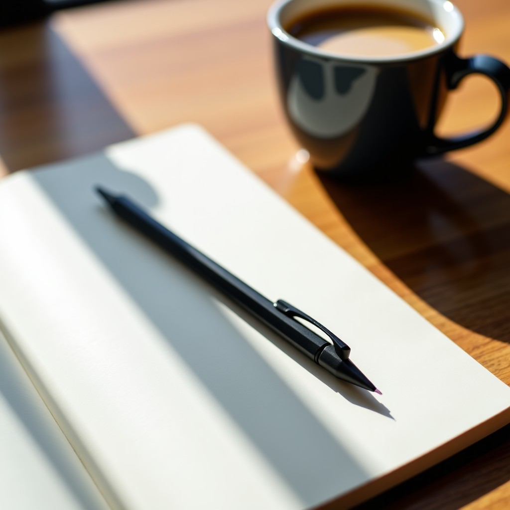A sleek matte black Pentel Orenznero mechanical pencil laying on a clean wooden desk next to an open notebook and a cup of coffee. Soft natural morning light, cinematic lifestyle photography, 4:3.