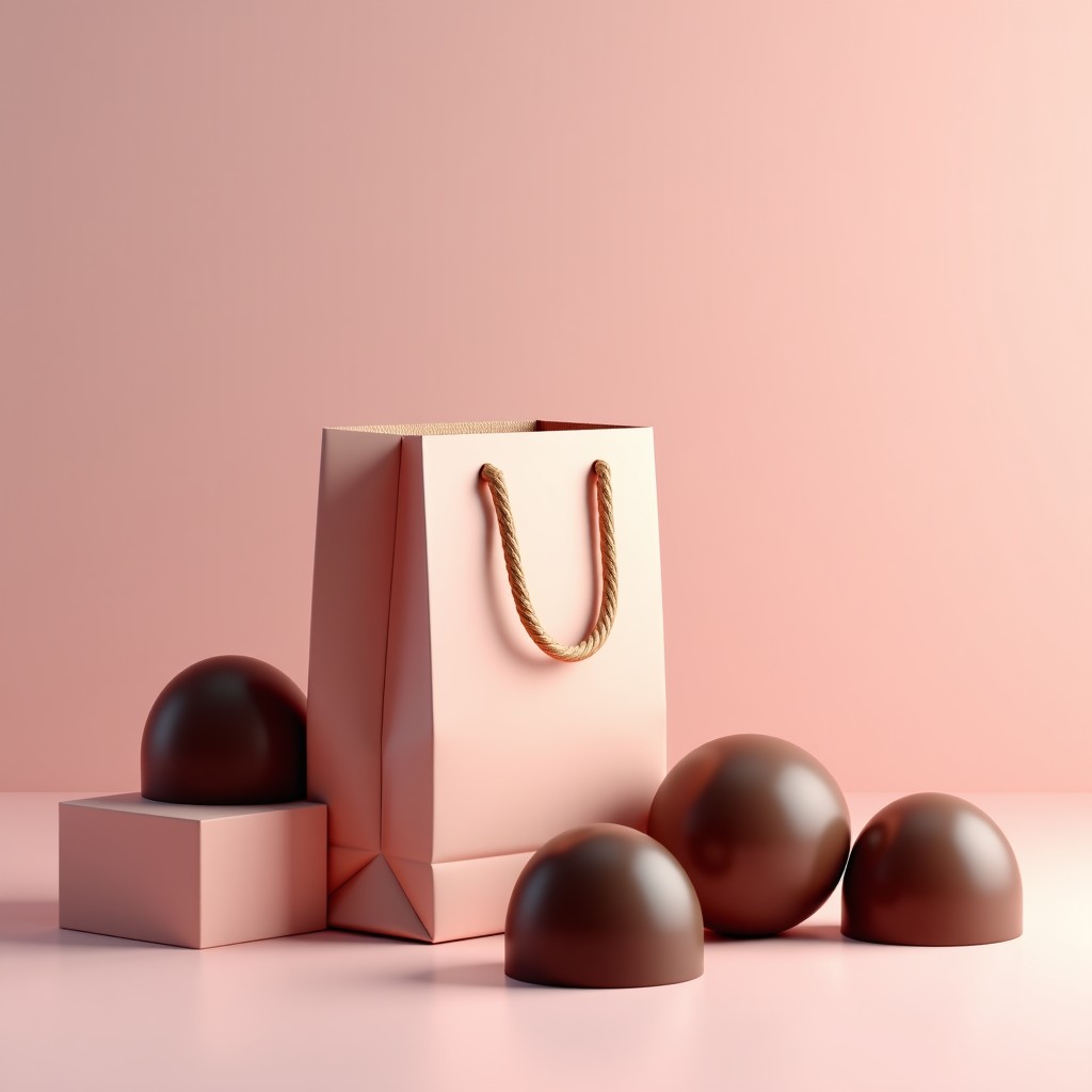 A gift bag containing chocolate boxes modern and minimalist design soft pastel background professional product photography 4:3