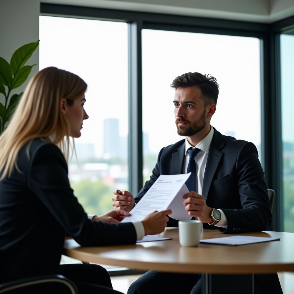Professional business consultation in a modern office with natural light, two people discussing documents, high contrast, realistic photography, 4:3