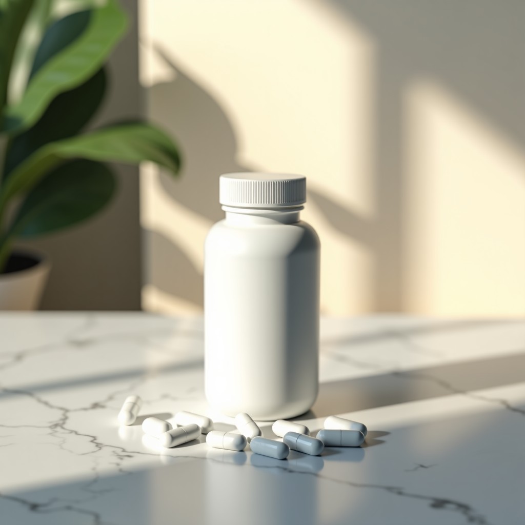 Modern supplement bottle with white capsules on a clean marble table, soft morning sunlight, aesthetic and minimal composition, 4:3