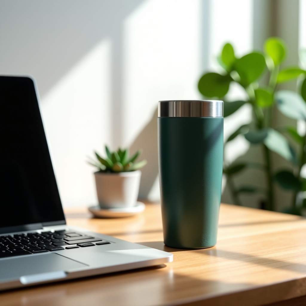 A large Stanley 1.18L tumbler standing on a minimalist modern wooden desk next to a laptop and a small succulent plant. Natural sunlight coming from a window. High quality lifestyle photography. 1:1