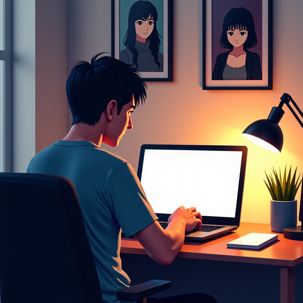 A person typing on a modern laptop at a tidy desk with anime posters on the wall, warm interior lighting, 1:1