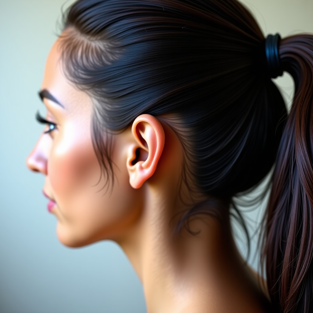 A close-up side view of a person with clean and healthy scalp and shiny dark hair. The focus is on the hair texture and scalp health. Soft indoor lighting. 1:1