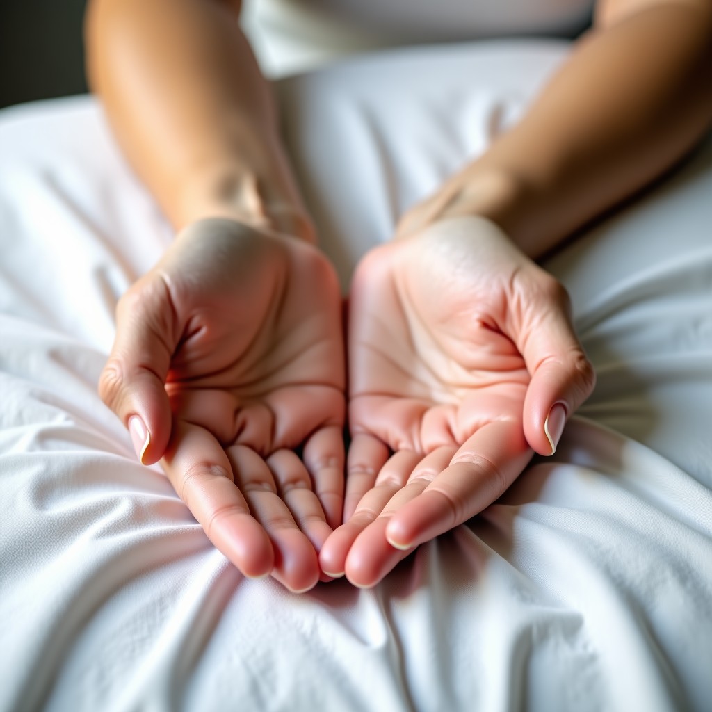 Close-up of clean and healthy looking hands resting on a white linen fabric, soft and elegant mood, high quality lifestyle photography, natural skin texture, 4:3