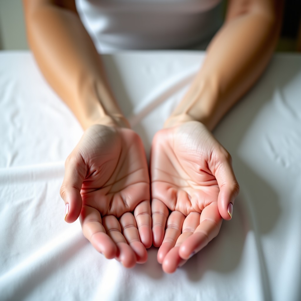 A pair of healthy human hands resting on a clean white linen surface, aesthetic and calm atmosphere, soft focus background, 1:1